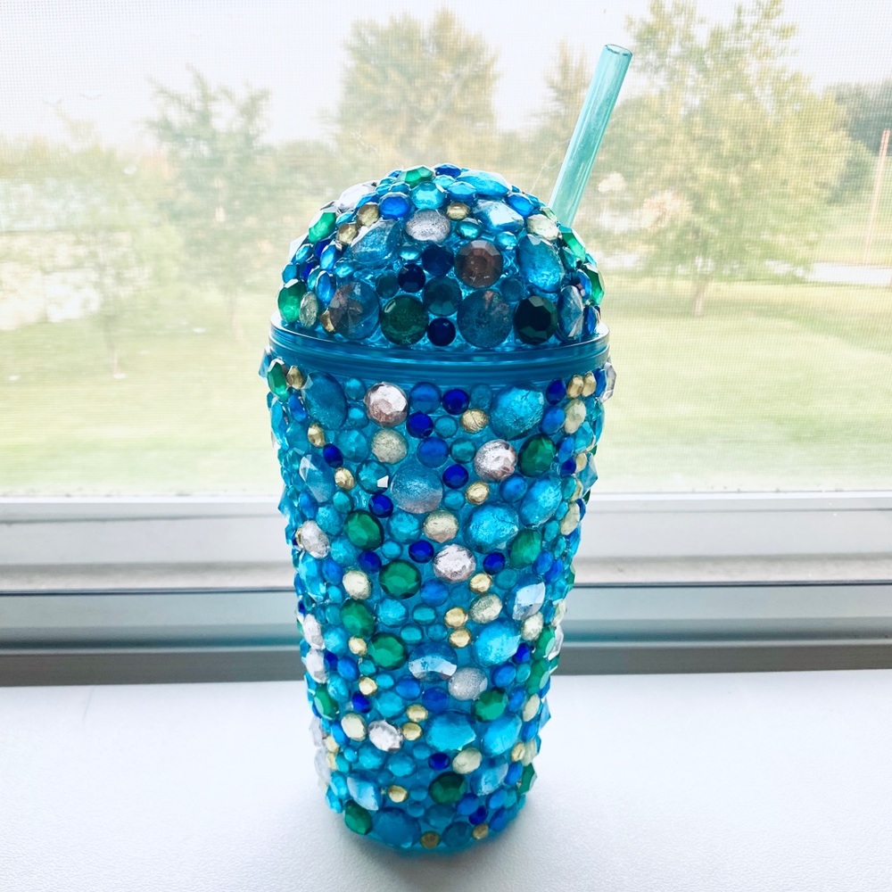 5/$25 Custom Blue Green Bling Dome Tumbler Cup